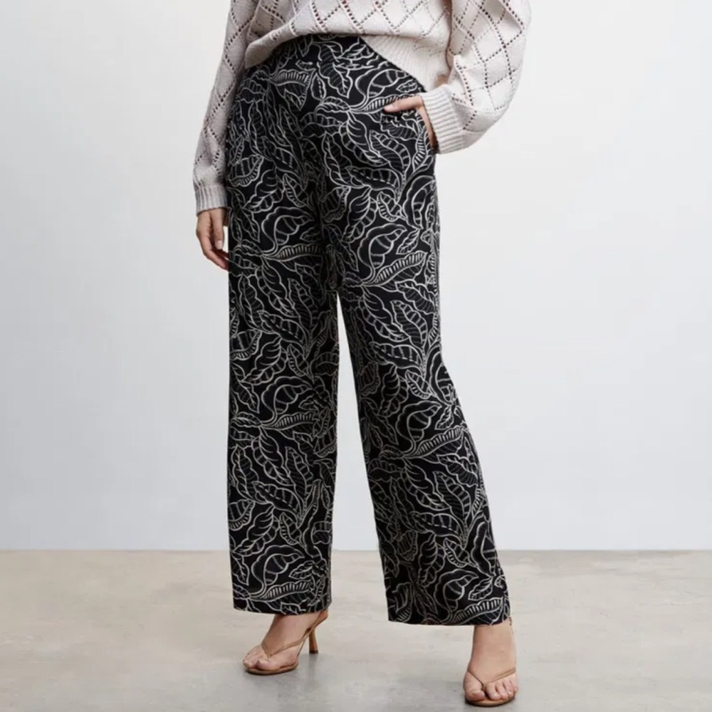 Mango NWT Black Wide-Leg Pants with Cream Leaf Print // Sz 1X